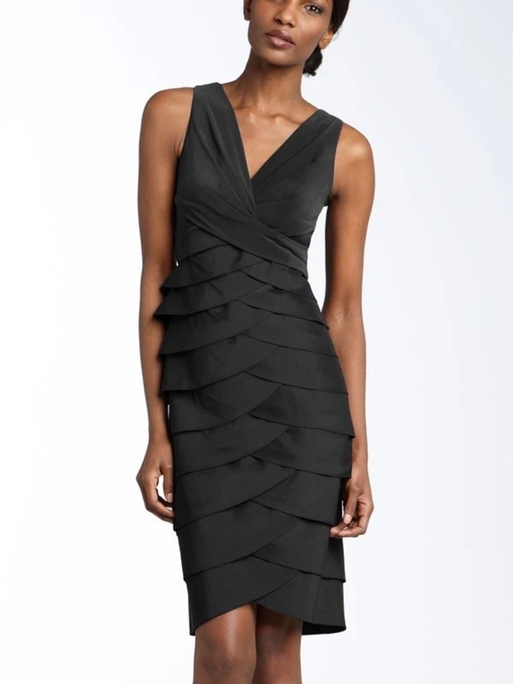 Adrianna Papell Black Sleeveless Tiered V-Neck Midi Dress